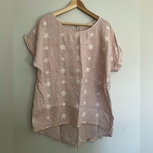 100% ITALY LINEN pale pink short sleeve top Terzo  Millennio embroidered flowers